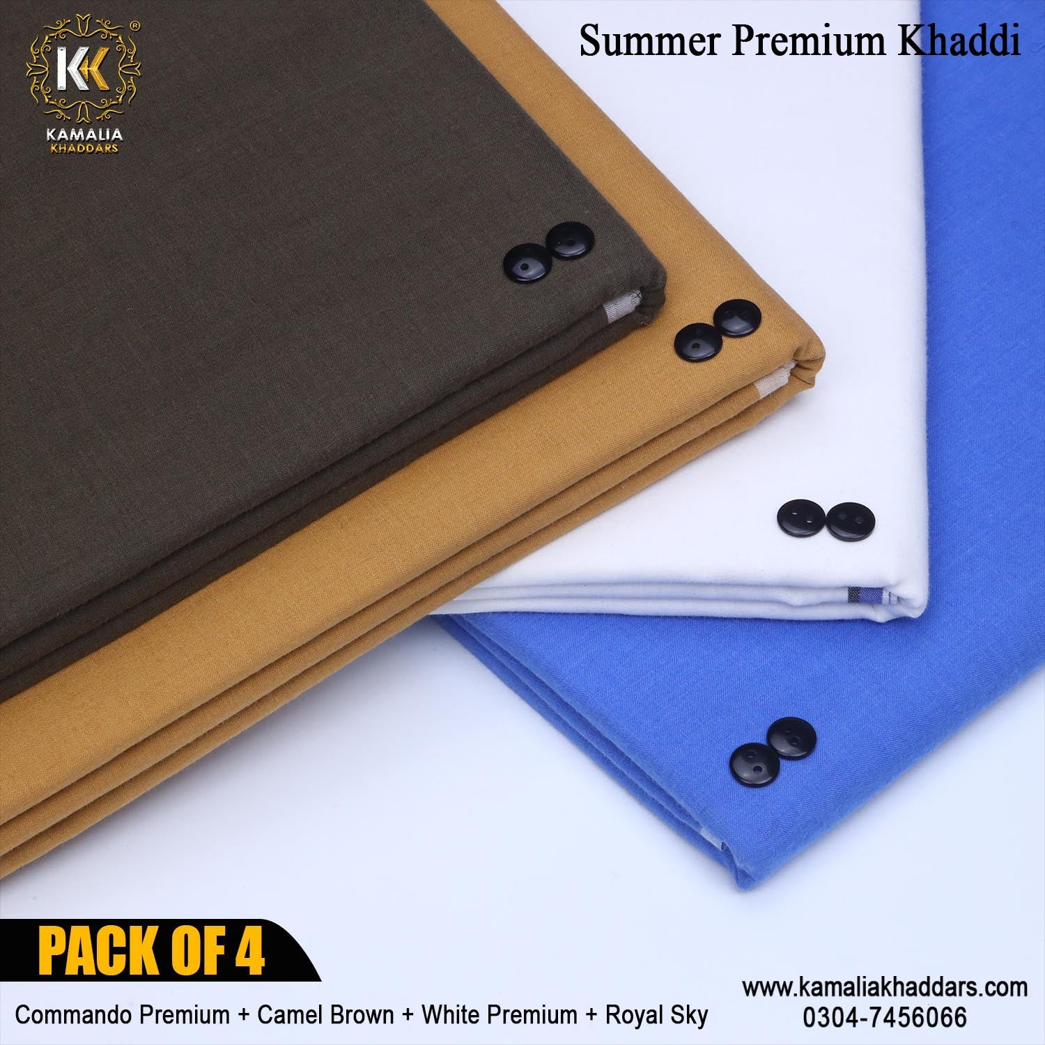 PACK OF 4 Premium Khaddi (Commando Premium+Camel Brown+White Premium+Royal Sky)