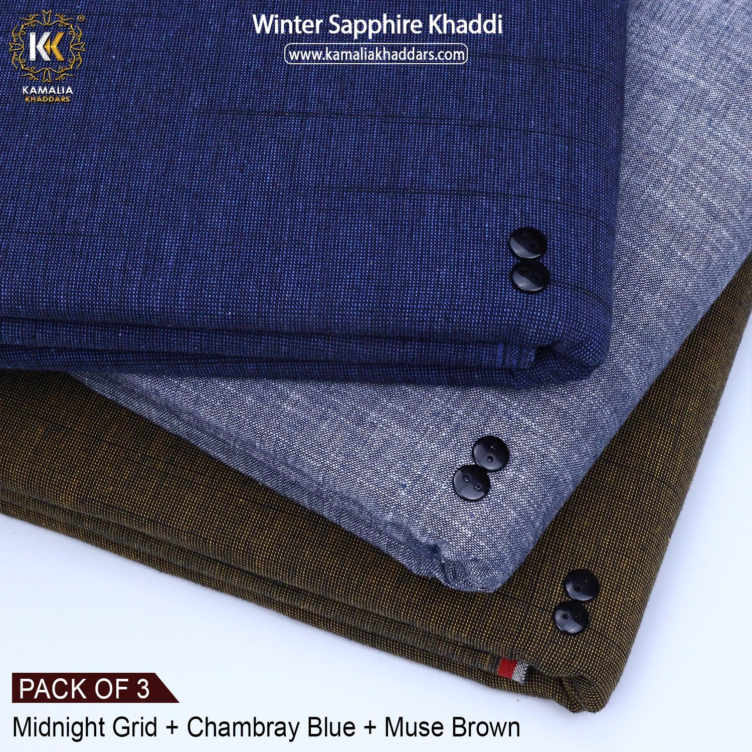 PACK OF 3 (MIDNIGHT GRID+CHAMBRAY BLUE+MUSE BROWN)