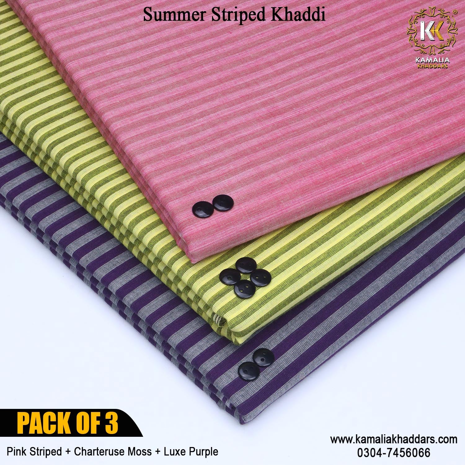 PACK OF 3 (Striped Pink+Chartereuse Moss+Luxe Purple)